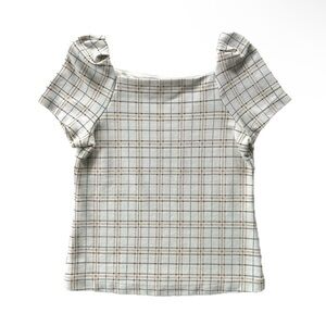Ann Taylor Ivory Yellow Plaid Check Puff Short Sleeve Square Neck Knit Top